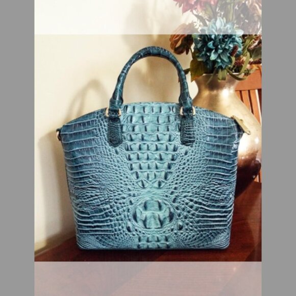 BRAHMIN LARGE DUXBURY CROC EMBOSSSED LEATHER HANDBAG IN BOTTLE BLUE - LIKE NEW!! - Picture 2 of 6